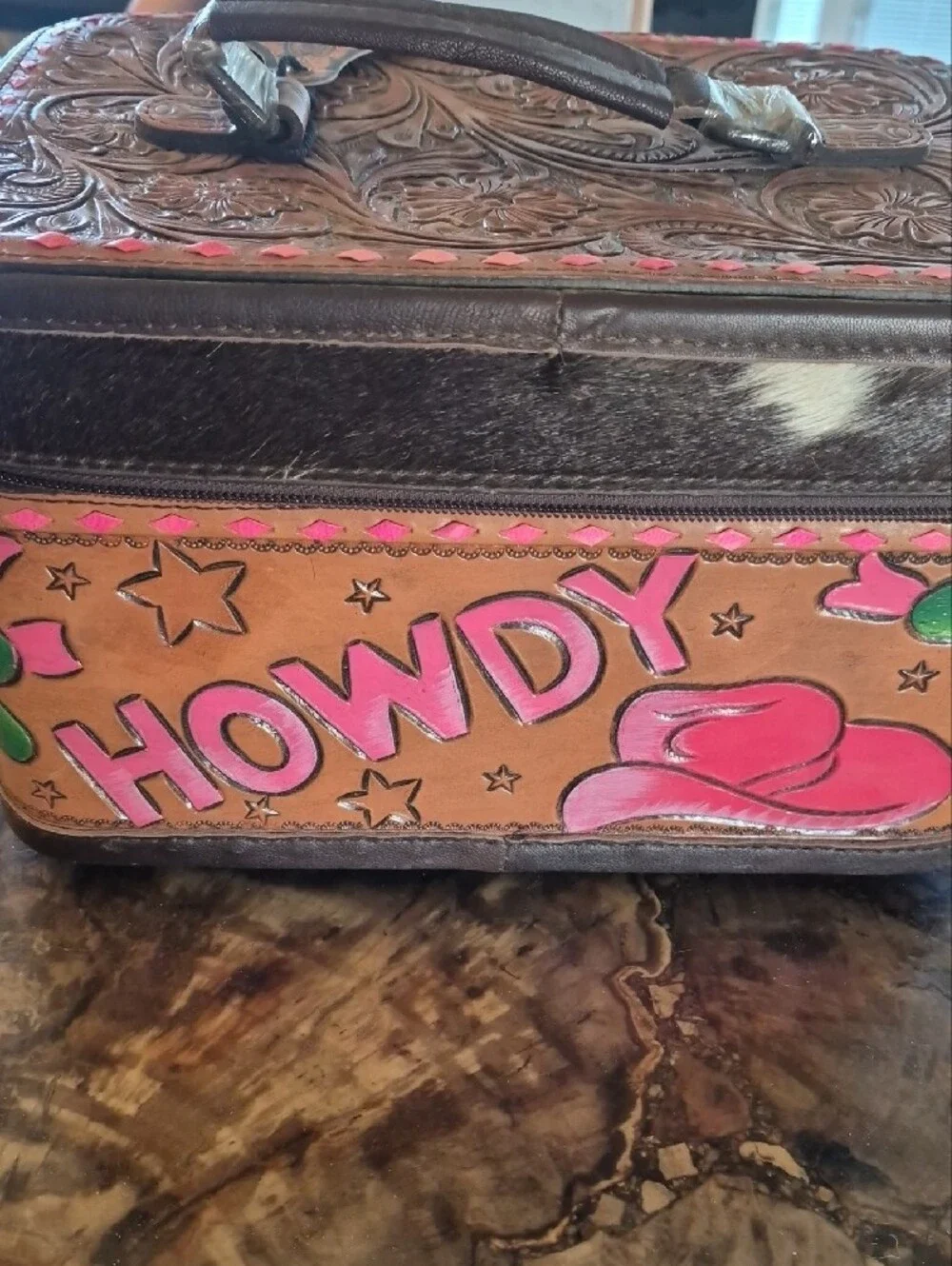 Travel Jewelry Organizer Case in Pink & Tan with 'Howdy' Print